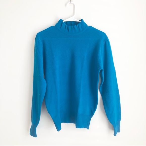 Vintage 1980s Sears Fashion Place High Neck Ruffles Blue Sweater - Picture 1 of 8